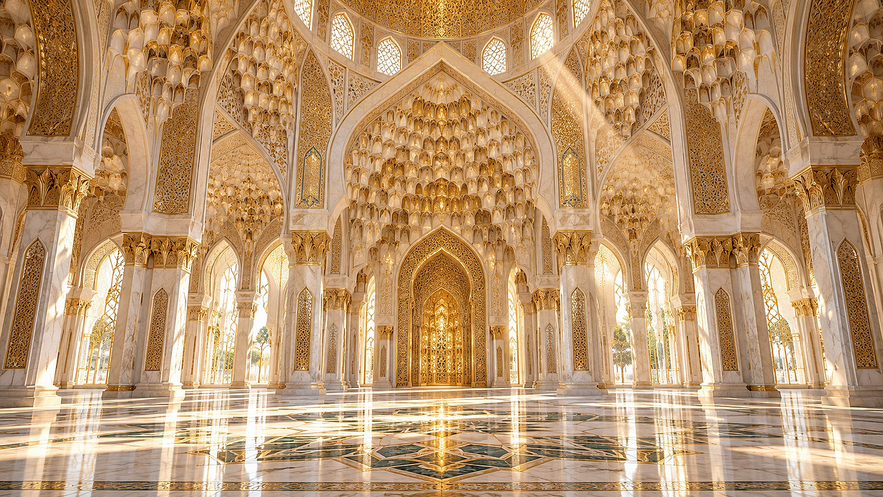 Or des Muqarnas — AI mosque wallpaper