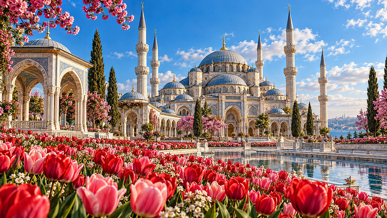 Tulipes d’Istanbul — AI mosque wallpaper
