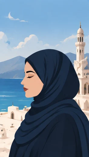 Horizon Azur — portrait illustré d’une femme en hijab